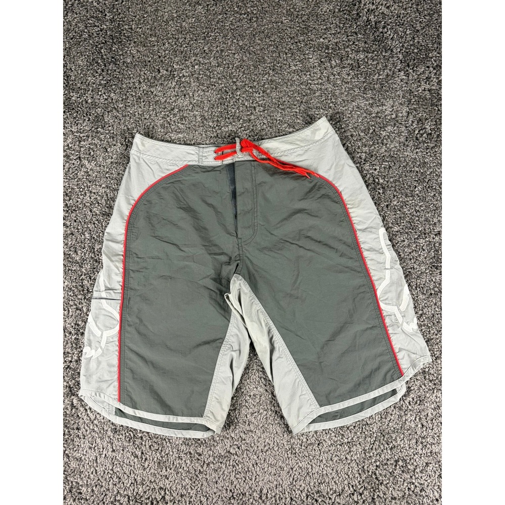 Fox Racing Mens Grey Board Shorts Size 32 Colorblock Red Trim Embroidered Logo